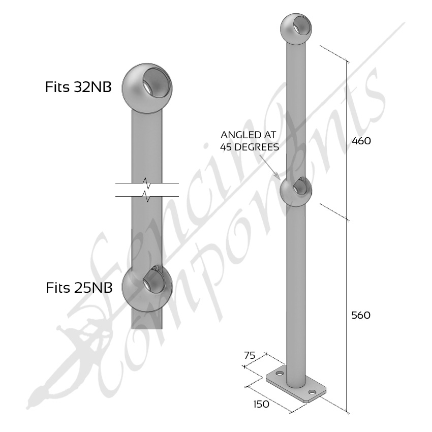 Ball Fence Rail Stanchion - Through Post 45 Degree Surface Mounted (Fits 32/25NB)