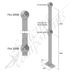 [BRS-PA] Ball Fence Rail Stanchion - Through Post 45 Degree Surface Mounted (Fits 32/32NB)