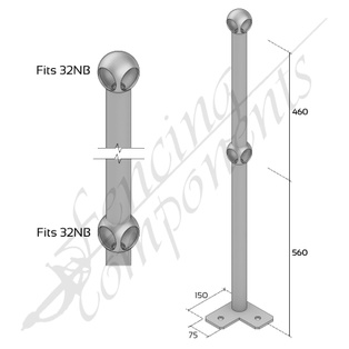 Ball Fence Rail Stanchion - Corner Post Surface Mounted (Fits 32/32NB)