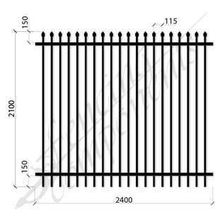 Steel Security Fence DET Crimp Top 2.1H x 2.4W (Gap 90, CD115) POOL SPEC 1.6mm Horizontal 1.2mm Picket (Zinc Rich Primer) - Black