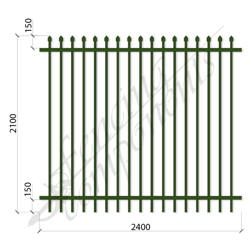 Steel Security Fence DET Panel , Crimp Top 2.1H x 2.4W (115cc) POOL SPEC (Heritage Green) 1.6mm Horizontal 1.2mm Picket (Zinc Rich Primer)