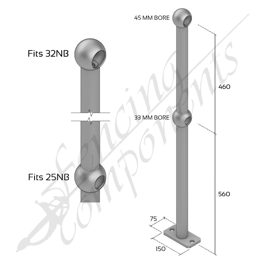 Ball Fence Rail Stanchion - Through Post Surface Mounted (Fits 32/25NB) Hot Dip Galvinized Platform