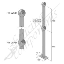 [BRSE-PA] Ball Fence Rail Stanchion - Through Post 45 Degree Surface Mounted (Fits 32/25NB)