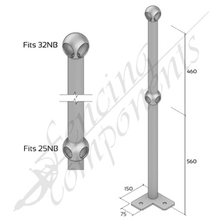 Ball Fence Rail Stanchion - Corner Post Surface Mounted (Fits 32/25NB)